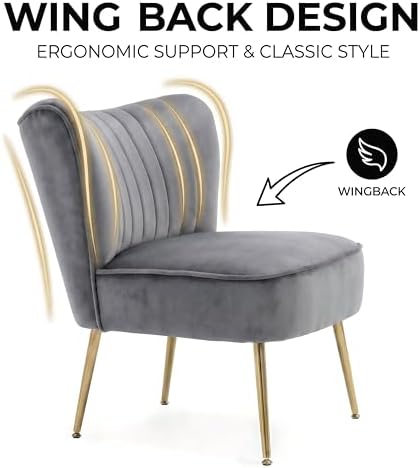 DUOMAY Modern Accent Chair Set of 2 Velvet Slipper Chair with Gold Legs Wingback Side Chair for Living Room Bedroom Entryway Small Corner Chair for Space Saving, Grey