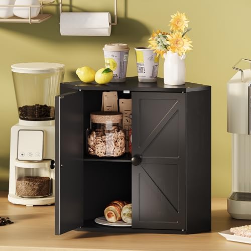 Trironsun Corner Bread Box for Kitchen Counter Double Layer Bamboo Bread Storage Container Large Capacity Bread Storage Bin Farmhouse Breadbox Organizer (Black)