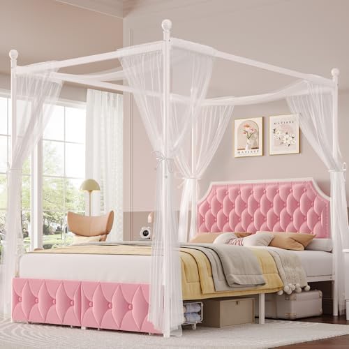 Keyluv Queen Upholstered Canopy Bed Frame with 2 Storage Drawers & Button Tufted Headboard, Metal Platform Bed with 4 Removable Posts, Two-Purpose Velvet Bed, Pink/Curtain Not Included