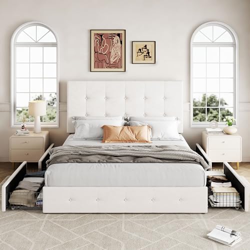Allewie Queen Size Storage Bed Frame with 4 Underbed Drawers, Upholstered Platform Bed with Adjustable Headboard, Square Button Tufted, Easy Assembly, Noise-Free, No Box Spring Needed, Soft White