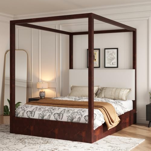 Queen Size Canopy Bed with Upholstered Headboard (Espresso)