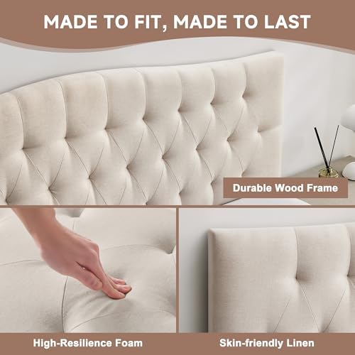 Tufted Upholstered King Size Headboard Only, Adjustable 38-50 in, Beige
