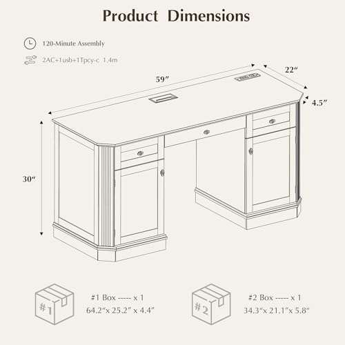 59" Classic Executive Desk with Storage, Victorian Executive Desk with Charging Station, Keyboard Tray, 3 Drawers & 2 Cabinet Storage & 2 Pedestals, Easy Assembly, Black