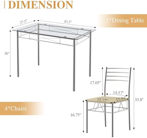 VECELO Dining Table Set for 4, 5-Piece Glass Kitchen Table with Chairs for Small Space, Breakfast Nook, Space-Saving, Silver