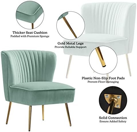 HULALA HOME Velvet Accent Chair, Modern Upholstered Cute Side Chair with Gold Metal Legs, Armless Wingback Slipper Chair Comfy Living Room Chair for Bedroom Guest Room Vanity,SAGE