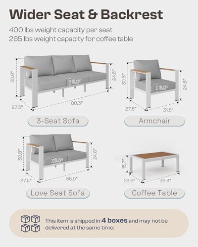 Aluminum Outdoor Patio 3-Seater Sofa Set, All-Weather Outdoor Patio Sofa with 6" Thick Removable & Washable Cushions, Rustproof Patio Outdoor Sofa Couch for Deck, Balcony, Porch, Yard, White