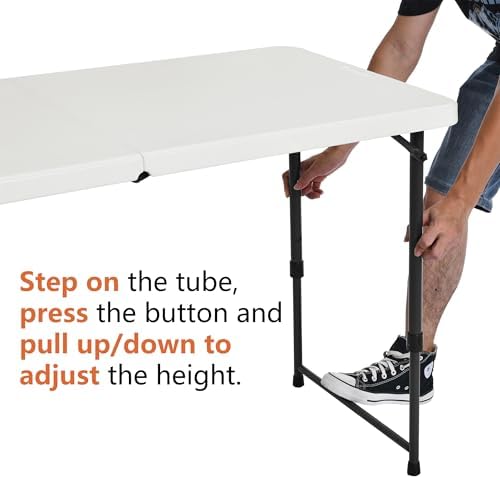 Amazon Basics Portable 4 Foot Rectangular Folding Dining Table, 4 Adjustable Height Settings, Carrying Handle, Indoor & Outdoor, Sturdy for Events, White, 47.8 x 23.9 x 33.9 in