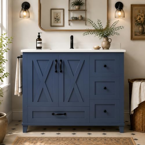 YOPTO 36" Bathroom Vanity with Sink, Freestanding Bathroom Cabinet | Ceramic Top & Backsplash, 4 Storage Drawers, X-Shaped Doors, Adjustable Shelving, Door Storage and Towel Bar, Navy Blue