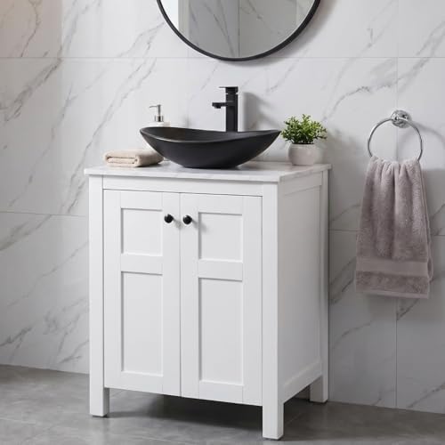 24 Inch White Bathroom Vanity with Marble Texture Top, Traditional Standing Pedestal Cabinet with Black Boat Ceramic Sink