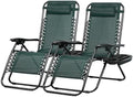 Nazhura Set of 2 Relaxing Recliners Patio Chairs Adjustable Steel Mesh Zero Gravity Lounge Chair Beach Chairs with Pillow and Cup Holder (Dark Green)