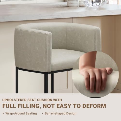 26" H Counter Height Bar Stools Set of 1, Modern Barrel Counter Stools with Backrest and Arms, Faux Leather Upholstered Accent Barstools for Kitchen Island,Support 450 LBS (Grayish White)
