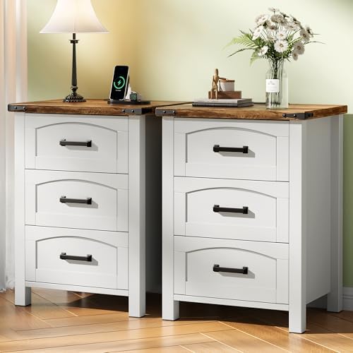 Decofy Farmhouse Nightstand Set of 2 with Charging Station, 3 Drawers