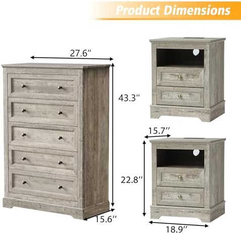 KIGOTY Farmhouse Bedroom Set, 3 Pcs Dresser and Nightstand Sets, 5 Drawer Dresser & 2 Drawer Nightstand Set with Charging Station,Rustic Wood Bedroom Furniture Set for Home