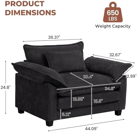 Oversized Accent Chair,44" Chenille Living Room Chairs,Modern Upholstered Armchair Cloud Sofa Chair with Extra Thick,Comfy Reading Chair Side Chair for Living Room Bedroom Apartment Black