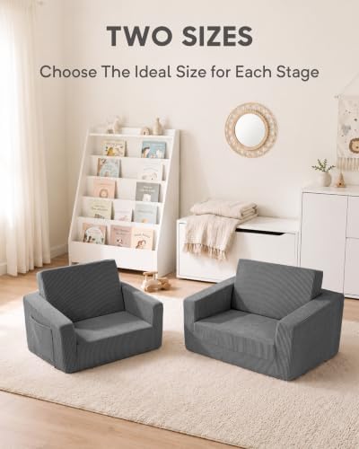 2-in-1 Kids Chair and Couch, Larger Cozy Corduroy Kids Sofa, Grey