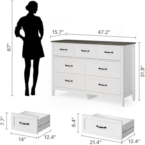 Gizoon 3 PCS Bedroom Furniture Set, 7 Drawer Dresser and 2 Nightstands with Charging Station, with Modern Grey Wooden Tabletop