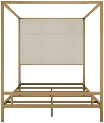 LUMISOL Queen Size Canopy Bed with Tall Headboard, Linen Upholstered Metal 4-Poster Platform Bed, Gold Canopy Bed Frame Queen, Box Spring Needed, Easy Assembly, Gold Tan