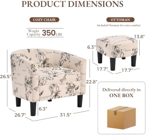 INZOY Oversized Accent Chair with Ottoman, 23.2" W Oversized Club Chair with Ottoman Set, Comfy Fabric Barrel Reading Chairs for Living Room Bedroom, Round Reading Chair with Foot Rest, Flower Pattern