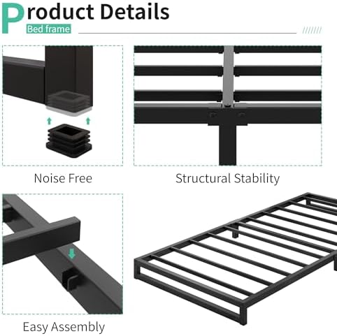 Lutown-Teen 4 Inch Twin XL Bed Frames Heavy Duty Sturdy Metal Platform Bed Frame No Box Spring Needed, Noise Free, Easy Assembly, Black