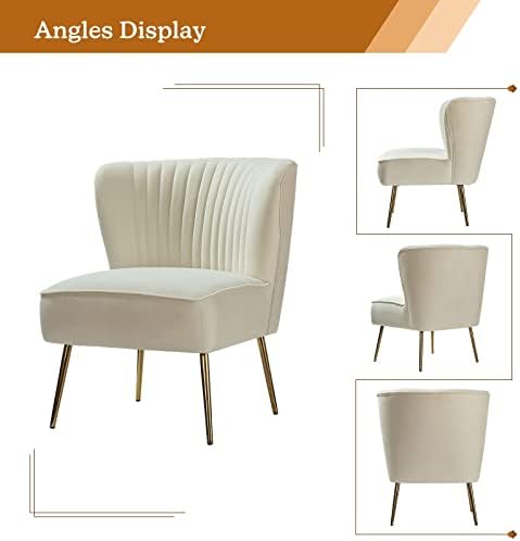 HULALA HOME Velvet Accent Chair, Modern Upholstered Cute Side Chair with Gold Metal Legs, Armless Wingback Slipper Chair Comfy Living Room Chair for Bedroom Guest Room Vanity,Ivory