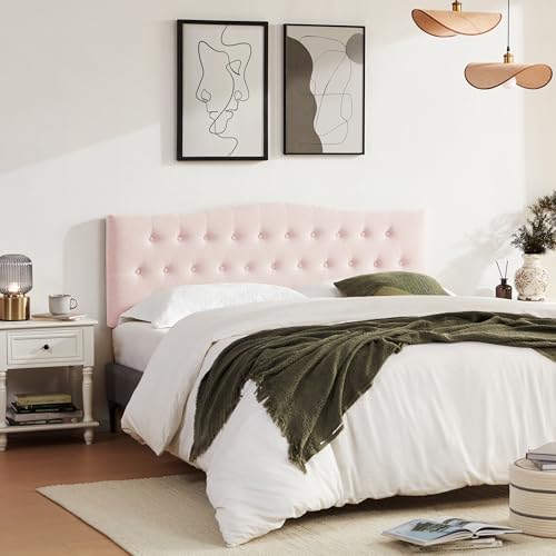 Tufted Headboard Full Size, Solid Wood Adjustable Height Head Board, Pink