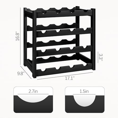 VASMIA Wine Rack, 4-Tier Bamboo Wine Racks Countertop,Sturdy and Durable Wine Storage Cabinet Shelf,16 Bottles Wine Holder for Kitchen Pantry, Black