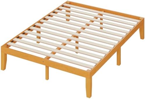 DUMOS 14 Inches Queen Size Wood Platform Bed Frame, Solid Wooden Mattress Foundation with Heavy Duty Wood Slat Support, Sturdy, No Box Spring Needed, Natural Pine