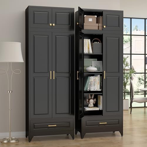 SteeLoong 90" Metal Storage Cabinet with Doors and 3 Adjustable Shelves | Kitchen Pantry Cabinet with 3 Drawers,Black Kitchen Cabinet with 4 Gold Handles,Food Cupboard for Livingroom,Pantry, Bathroom