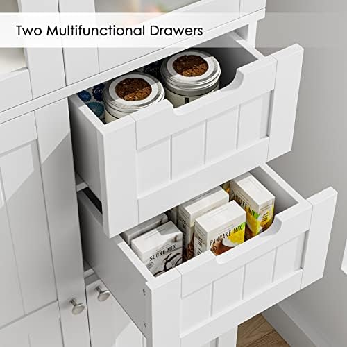 BOTLOG 67'' Tall Bathroom Storage Cabinet, Linen Cabinet with Glass Doors and Adjustable Shelves, Kitchen Pantry with 2 Drawers for Bathroom, Living Room, Dining Room, White | Frosted Glass Doors, Wood Drawers, Kitchen Pantry, Line Cabinet for Bathroom...