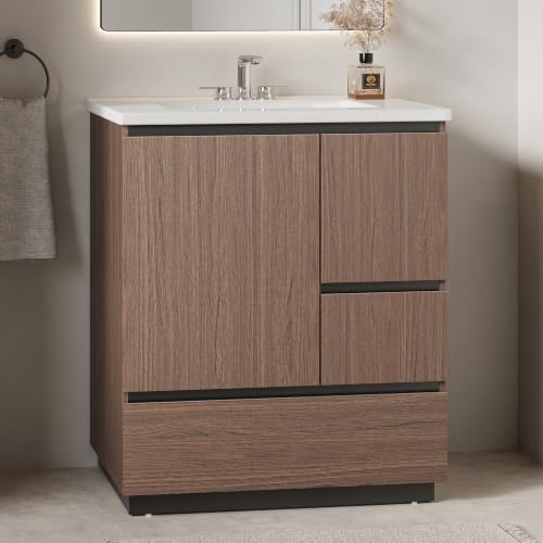 IRONCK 30-Inch Bathroom Vanity with Ceramic Sink, Modern (Walnut Brown) | Power Outlet | Freestanding | Divided storage | Hiddle Handle | Soft-Close Hinges