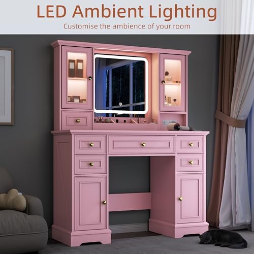 Vanity Desk with Mirror & Lights, Makeup Vanity with Power Outlet & USB Ports, Farmhouse Dressing Table, 6 Drawers & 4 Storage Cabinets, RGB Cabinet Lighting, 3-Color Dimmable Mirror