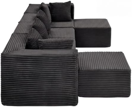 130-Inch Oversized U-Shaped 6 PCS Modular Cloud Couch Boneless Corner Sectional Couch W/Ottomans, Compression Boneless Corner Sofa Plush Corduroy Sectional Sofa for Living Room