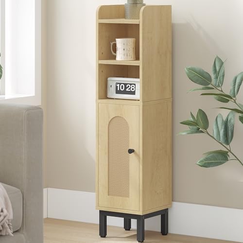 Hzuaneri Bathroom Storage Cabinet, Small Corner Floor Cabinet | Narrow Toilet Paper Holder, Bathroom Organizer with Adjustable Shelf, 2 Doors, for Small Spaces, Rattan Yellow BC08202Y