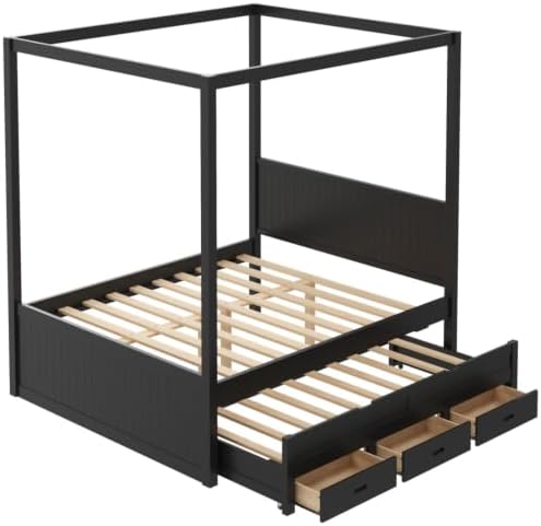 SANOFI Queen Size Wood Canopy Bed with Twin Size Trundle, Black