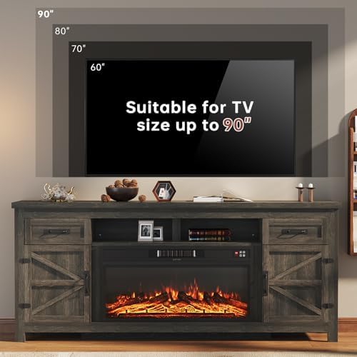 Fireplace TV Stand with Barn Door, 80 inch, Grey