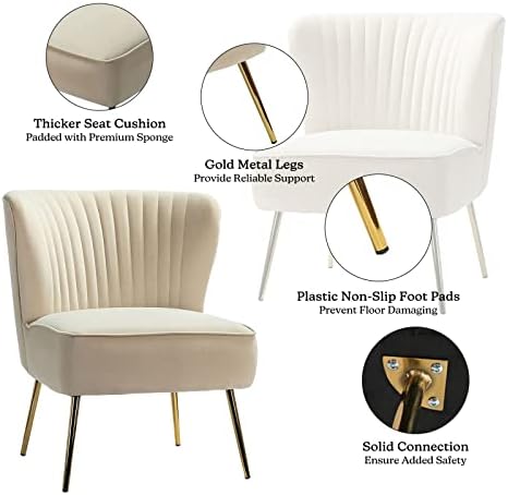 HULALA HOME Velvet Accent Chair, Modern Upholstered Cute Side Chair with Gold Metal Legs, Armless Wingback Slipper Chair Comfy Living Room Chair for Bedroom Guest Room Vanity,TAN