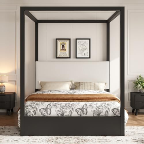 Queen Size Canopy Bed with Upholstered Headboard (Black)