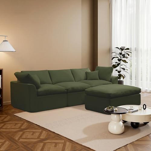 Korser 110" Cloud Boneless Couches for Living Room, Modern Modular Sectional Sofa with Ottoman, Sectional Cloud Couch with Comfy Deep Seats, Fluffy Chenille L-Shape Sofa Couch for Living Room, Green
