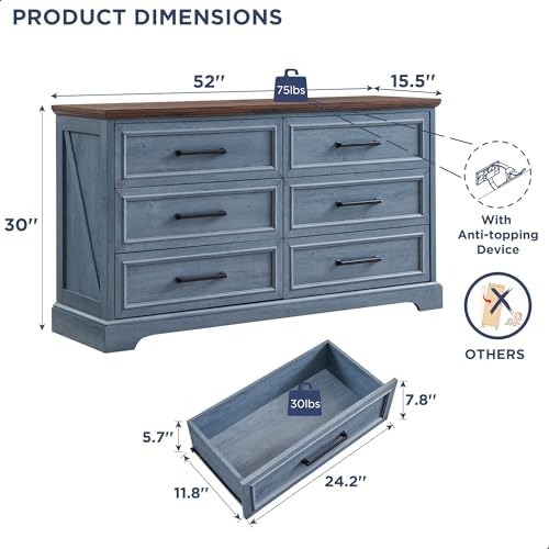 ACCOHOHO 52" Wide Farmhouse 6 Drawer Dresser for Bedroom, Blue