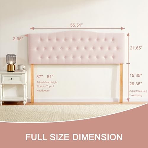 Tufted Headboard Full Size, Solid Wood Adjustable Height Head Board, Pink