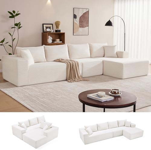 Mangodan 140” Cloud Sectional Couch, Boneless Sofa for Living Room, Modular Sectional Sofa with Deep Seat, Comfy Fluffy L-Shaped Couch with Right Facing Chaise, No Assembly Required, Beige