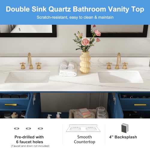 Montary 60" Bathroom Vanity with 2 Sinks & 61" Carrara Quartz Top | with 6 Pre-Drilled Faucet Holes, Solid Wood Cabinet, Soft-Close Double Doors & 9 Smooth-Glide Drawers,Blue
