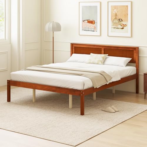GIANTEX Queen Wood Platform Bed Frame with Headboard, Mid Century Queen Bed Frame with Wood Slat Support, Solid Wood Foundation with 16" Under Bed Storage, No Box Spring Needed, Easy Assembly
