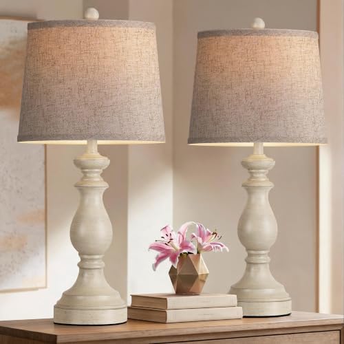 PARTPHONER Traditional Table Lamp Set of 2, Rustic Farmhouse Table Lamps for Living Room Bedroom, 27" Bedside Desk Lamps Vintage Nightstand Lamps with Linen Shades, Antique White