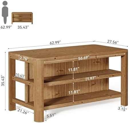 63" Solid Wood Kitchen Island with Storage Shelves, Easy Assembly