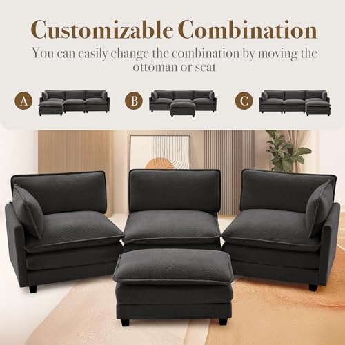 ROWHY 112'' Modular Sectional Cloud Couch with Movable Ottoman, 4 Seat Modern Chenille Sofa, Deep Seat L Shaped Couch for Living Room Bedroom Apartment, Grey
