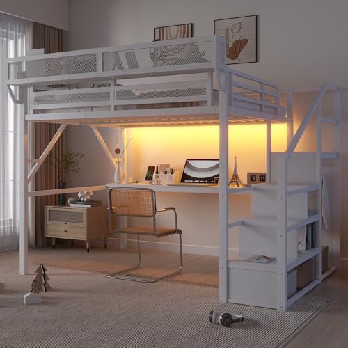 KEIKI Queen Size Metal Loft Bed Frame with Desk, Staircase, Built-in Storage Shelves and Wardrobe, Modern Loft Bed with Solid Slat, Guardrail, No Box Spring Required, Easy Assembly, for Bedroom, White