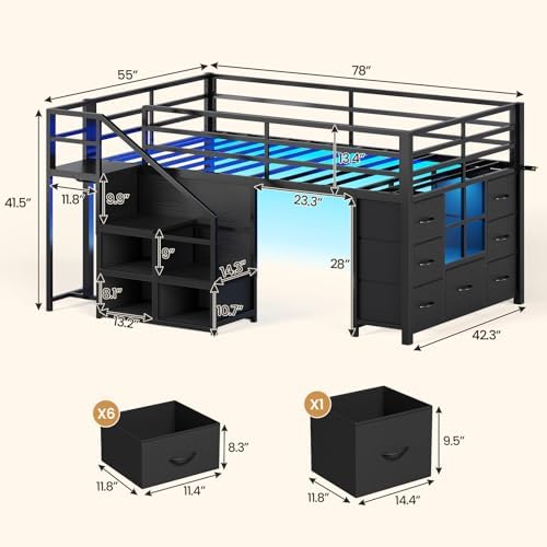 BTHFST Low Loft Bed Twin Size with Stairs,LED Lights,7 Large Drawers, Black