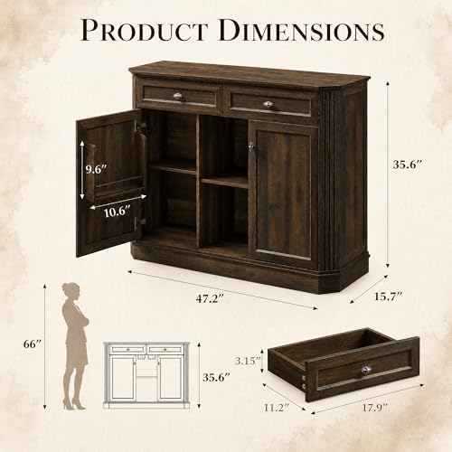 Walnut Coffee Bar with 2 Drawers & 2 Doors, LED Wine Bar Cabinet with Wine Glasses, Coffee Station with Built-in Outlets, Buffet Cabinet Sideboard with Extra Storage for Living Room Kitchen Entryway