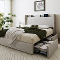 SHA CERLIN Full Size Storage Bed Frame with 4 Oversized Drawers, Modern Wingback Headboard with Storage Shelf & Charging Station, No Box Spring Needed, Easy Assembly, Light Beige